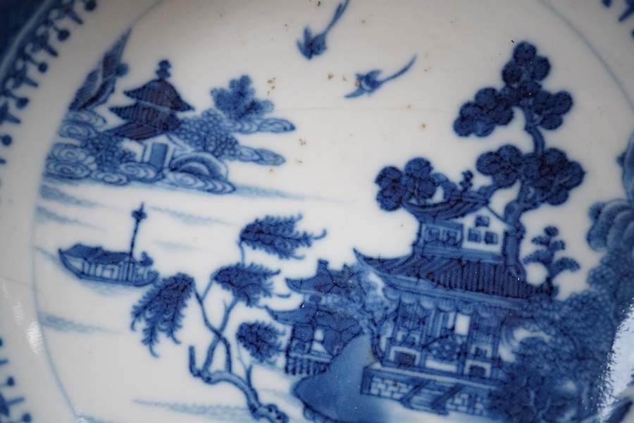 An 18th century Chinese export blue and white plate, together with two other dishes and two ginger jars. Condition - varies